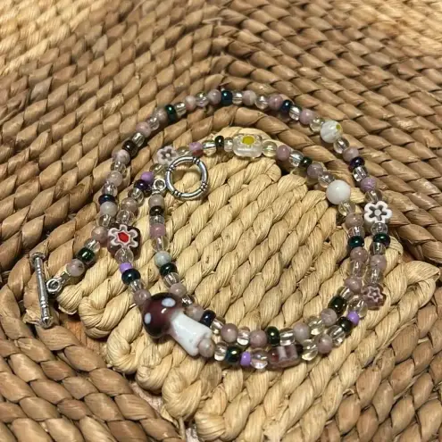 Handmade  floral pink tourmaline + seed bead necklace w/ mushroom charm 🍄💜✨