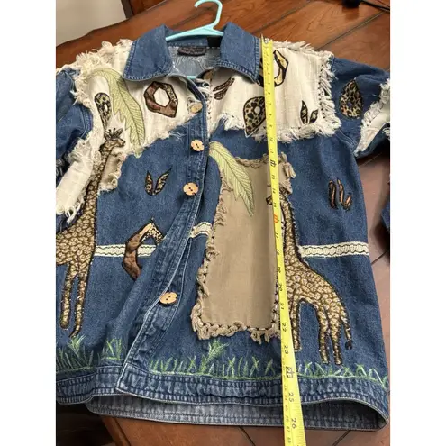 Vintage 90s New Directions Safari Embroidered Patch Denim Jean Jacket Top Blue Size 1X