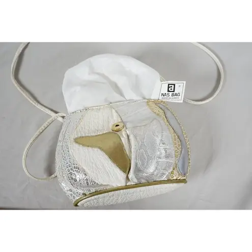 NAS Ivory Gold Silver Metallic Textured Leather Crossbody Bag Vintage 80s
