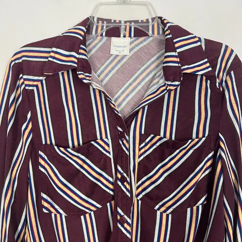 Passport Tie Front Button Down Striped Top Size XS Brown