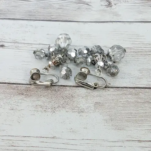Vintage Clip On Earrings Long Metallic Dangle Silver