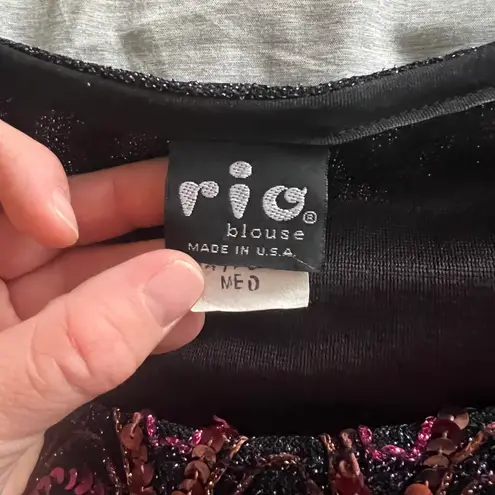 Vintage 80s / 90s Sequin Sparkly Disco Short Sleeve Blouse Multiple Size M