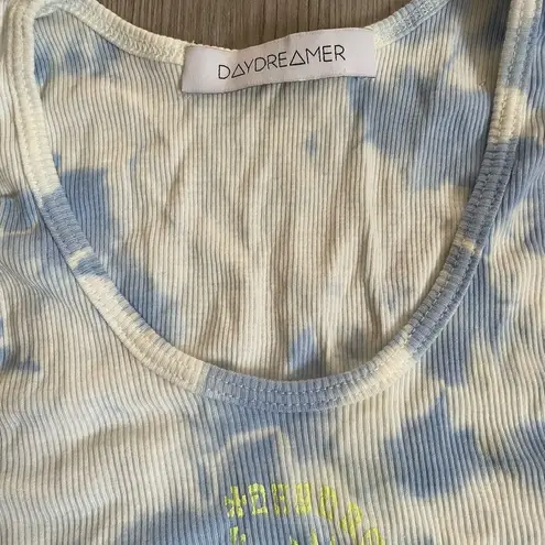 Daydreamer Blue and White Cloud Tie Dye Ribbed Crop Cotton Tank size XS