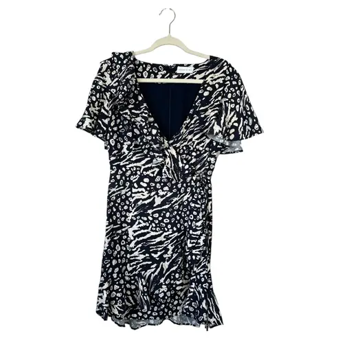 REBECCA VALLANCE Flores Wrap Effect Ruffled Printed Crepe Mini Dress 6 Black