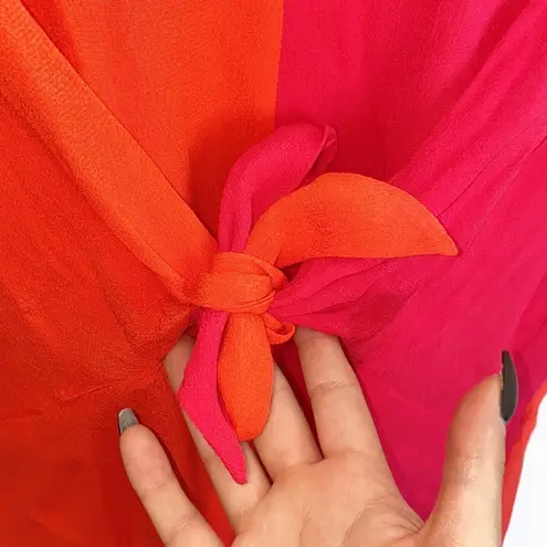 Skies Are Blue  Red Orange Colorblock Tie Front Short Sleeve V Neck Mini Dress