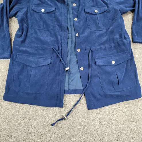 Denim & Co  Womens Jacket 1X Blue Faux Suede Button Up Collar Drawstring Pockets