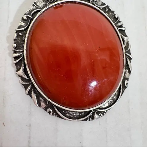 Vintage Silver Tone Carnelian Cabochon Stone Pendant Necklace Womens Estate