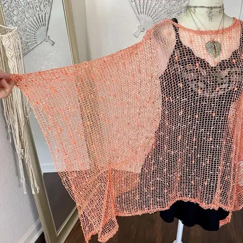Whimsygoth Salmon Pink / Orange Boho Shawl Asymmetric Crochet Knit Top OS Size undefined