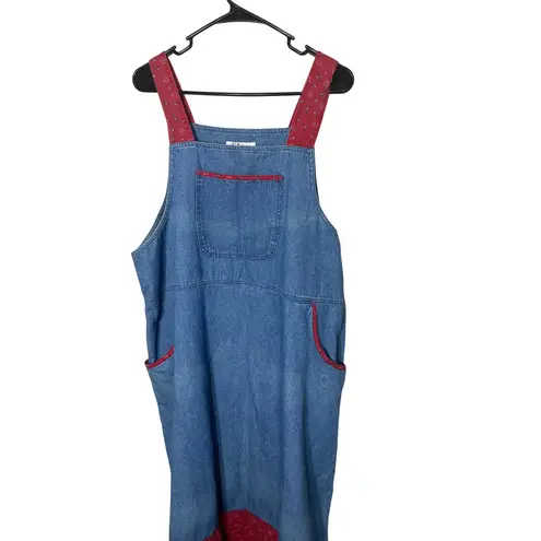 CJ Banks Womens Plus Size 20W Denim Overalls Dress Red Floral Trimmed Pinafore Blue