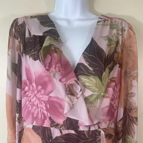 Maison Tara Floral Maxi Dress Sz 4 Pink Orange Chiffon Ruffle Wrap Style