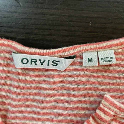Orvis Linen Shirt Womens Medium V-Neck Orange Stripes Outdoorsy Summer READ