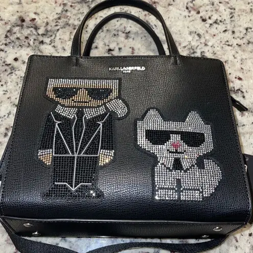 Karl Lagerfeld Womens Maybelle Rhinestone Satchel Crossbody Black Medium NWT