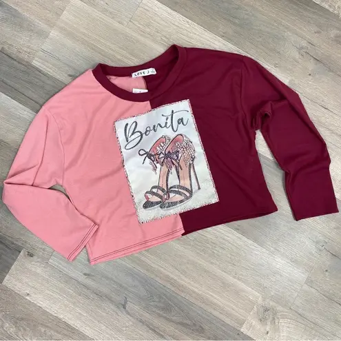 Love j Ribbed Embellished Bonita Crop T-shirt Color Block Maroon Pink Large
