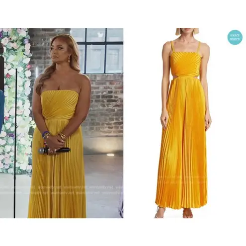 Alice + Olivia NEW  Powell Pleated Cutout Satin Wide Leg Golden Jumpsuit size 0 - Image 3