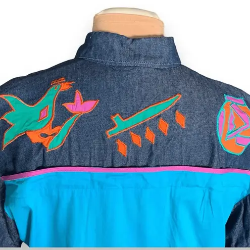Vintage 90s Southwestern Appliqué Denim Button Up Shirt Gaucho Pants Set Medium Blue