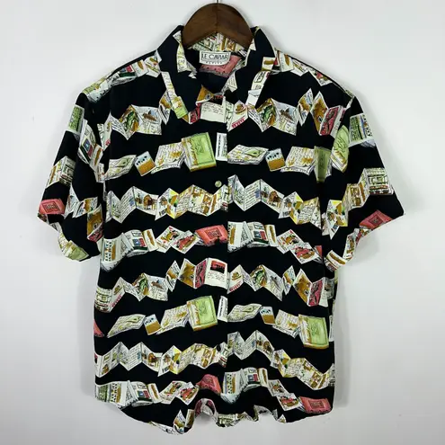 Le Caviar Petite Shirt Womens M Black Travel Postcard Print Vacation Retro Top Size M