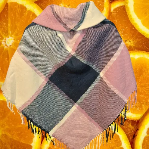Chic Plaid Poncho Cape Scarf Wrap Button Closure Fringe Trim For Women Pink Size XL
