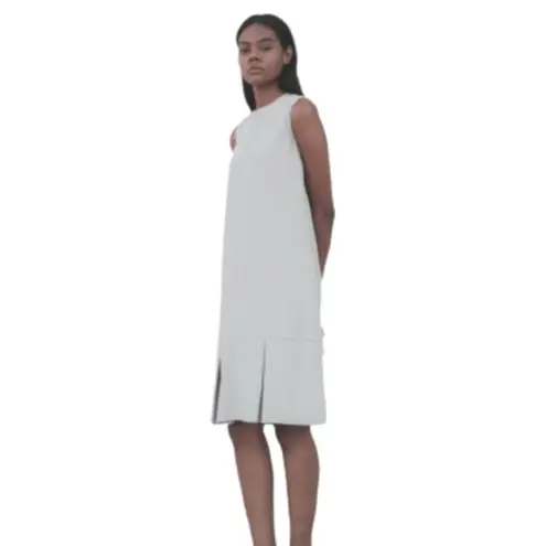 Walcott: Takemoto Dress Designer Silk Taupe Sleeveless Box Pleat Sheath Small Tan