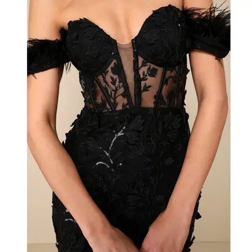Lulus NWT Midnight Sparkle Black Embroidered Feather Bustier Maxi Dress XS