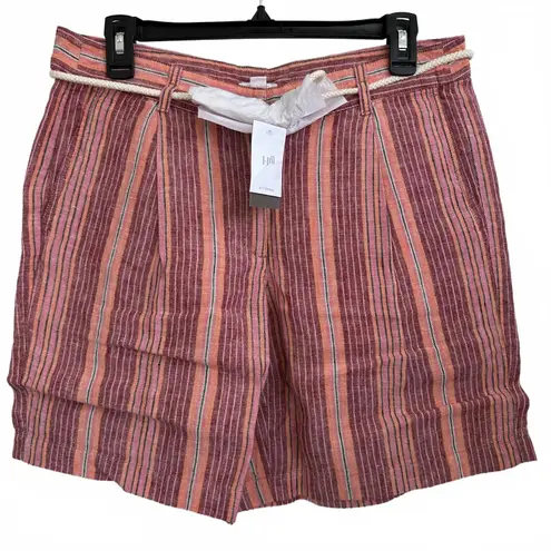 J. Jill 100% Linen Pleated Shorts with Rope Belt Cape Cod Red Multi NWT Size 8 Pink