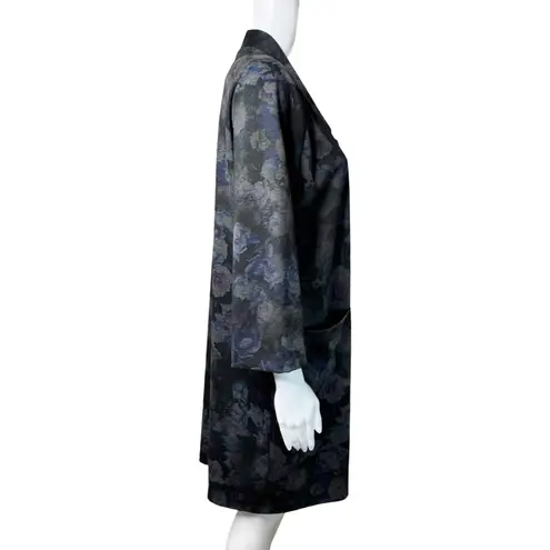 Clara Sunwoo Kimono Duster Women XS Black Floral Open Front Lagenlook Artsy Purple