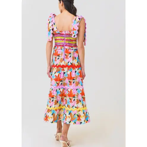 Celia B Nilsa Dress Floral Tiered Midi Size XL NWT Scalloped Details Tie Straps Pink