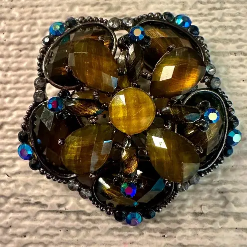 Vintage Flower Faceted Rhinestone Brooch Blue Black Amber Gold Silver Tones