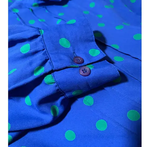 Vintage 80s CIAO LTD Size 14 Midi Dress Ruffle Blue Green Polka Dots Librarian