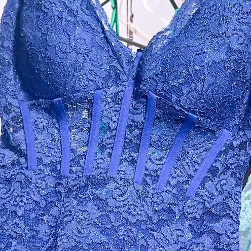 Mini Lace Corset Dress W/Scallop Bodice & Spaghetti Straps Blue Size undefined