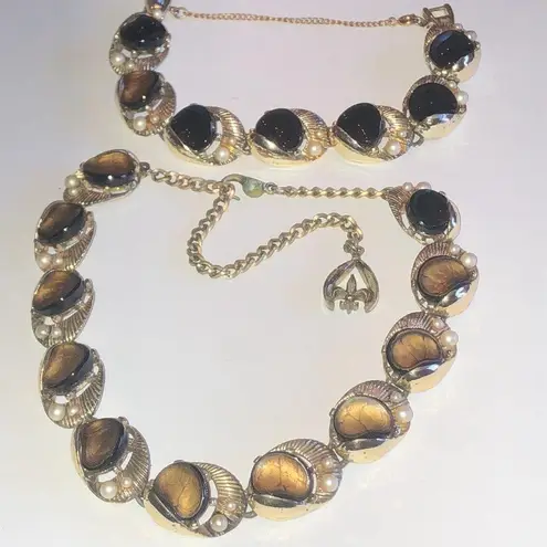 Rousseau Vintage Thermoset Black & Brown Chunky Retro Necklace & Bracelet Set