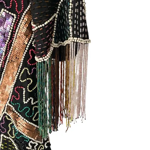 Vintage Anjumun California Sequin Beaded Fringe Dress Art Deco 80s Party stars Black Size M