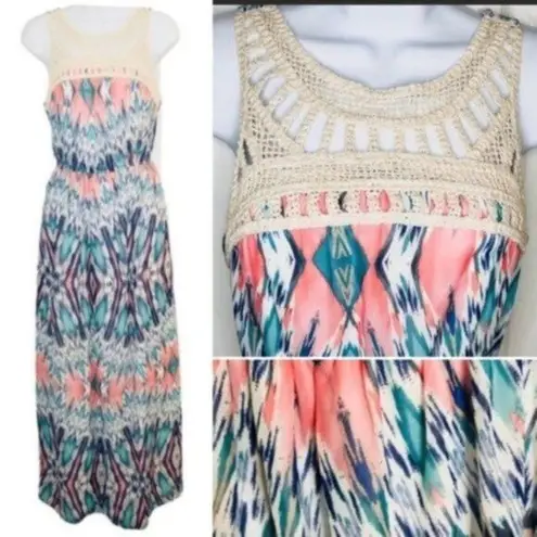 Lila Rose Lily Rose Tribal Ikat Crochet Lace Maxi Dress Teal S