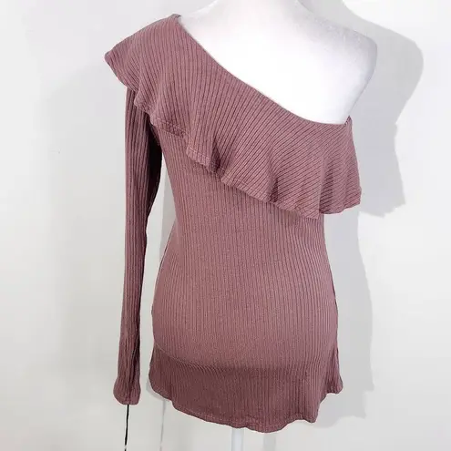 Michael Lauren Mauve Ribbed Knit One Shoulder Top Ruffle Accent NWT Size Large