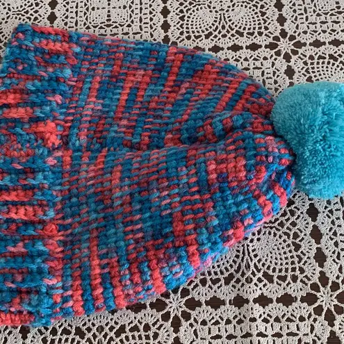 Handmade Hand Knitted Ladies Hat Cap Beanie Red Blue Thick Chunky Yarn Warm Wear One Size