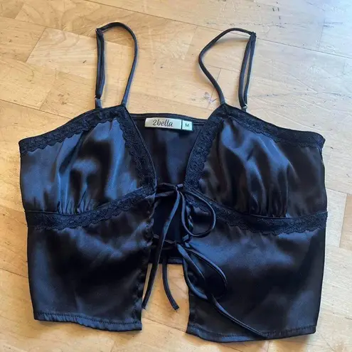 2bella Black satin lace tie front cami top women's size M going out top party Size M