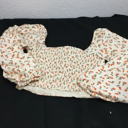 BCBG Generation Floral Puff Sleeve Smocked Square Neck Crop Top Women's Size S White