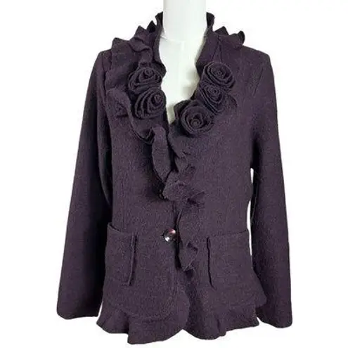 Marisa Christina Boiled Wool Rosette Cardigan Jacket in Deep Plum Size Large Purple