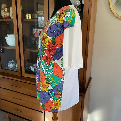 Vintage Victoria Harbour Tropical Foliage & Flower Sequin Beaded Graphic Shirt White Size L