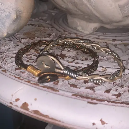 Set of 2 Metallic Braided Beaded Button Bracelets Silver