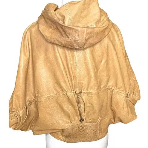 MADE IN ITALY LAMBSKIN LEATHER CAPE STYLE UNIQUE SHORT SLEEVED GATHERED JACKET Tan Size L