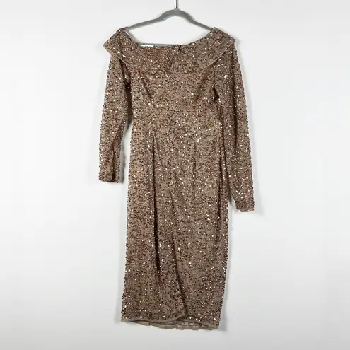 NEW Mac Duggal 5595 One Shoulder Knee Length Copped Gold Sequin Party Dress 4