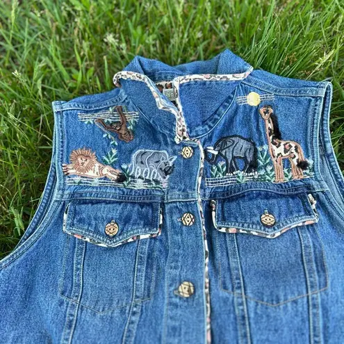 90s / Y2K Denim Vintage Zoo Animal Embroidered Jean Vest Leopard Print Trim Size M