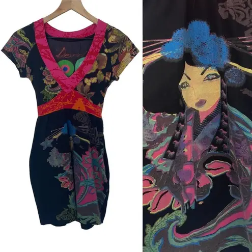 Desigual Printed Geisha Girl Mini Dress V-neck Wrap Belt Tunic Black Pink XS