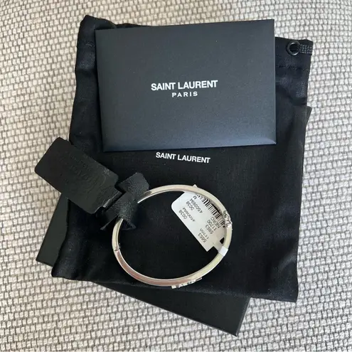 Saint Laurent NWT YSL Cassandre Logo-Plaque Enamel Bracelet Leather Silver Metal