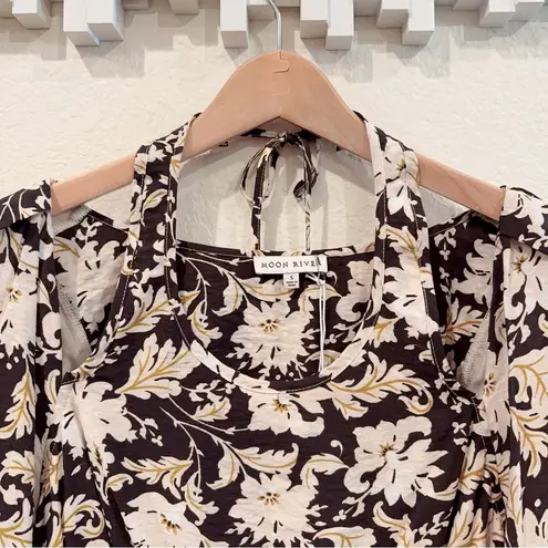 Moon River Black Floral Print Puff Sleeve with Halter Midi Dress Size Small NWT