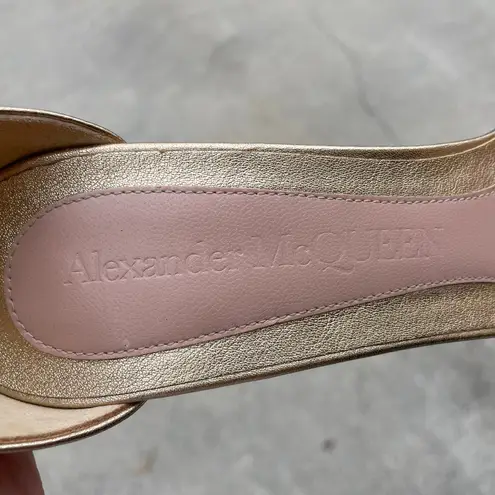 Alexander McQueen jeweled buckle gold leather high heel ankle strap sandal IT 40