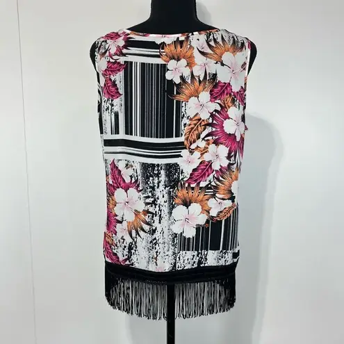 Zac & Rachel Abstract Floral Fringe Tank Top Sz M Women’s Hawaiian Black Size M