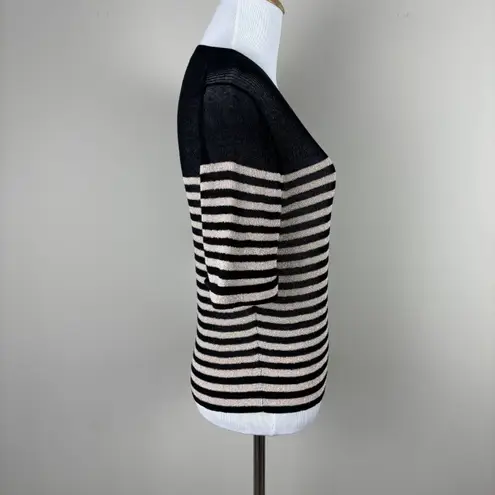 J. Crew Sweater Top Womens M Black Gauze Tee Metallic Stripe Cropped Open Knit Size M