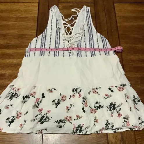 Hummingbird White Black Floral Boho Tie Blouse Size Small