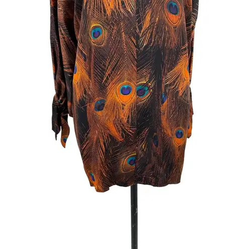 Givenchy  Vintage Peacock-Print Poet-Sleeve Blouse Silk Brown Size 34 US 2‎ - Image 5